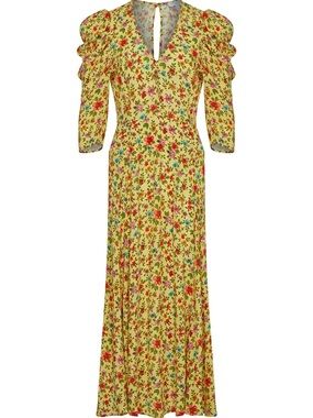 Ghost London  Mira Floral V-Neck Maxi Dress with Puff Sleeves and Open Back